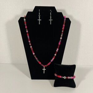 Jewelry Set (Necklace, Bracelet, and Earrings) Silver Cross Red/Pink Beads NWT